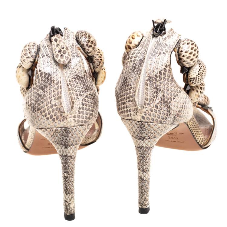 Pre Owned Alaia Beige/Brown Python Embossed Leather Bombe  Ankle Strap Sandals  Size 35.5