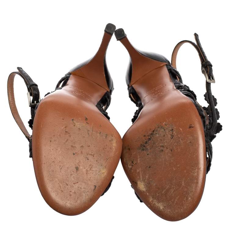 Pre Owned Alaia Black Leather Floral Cut-Out Ankle-Strap Sandals Size 38.5