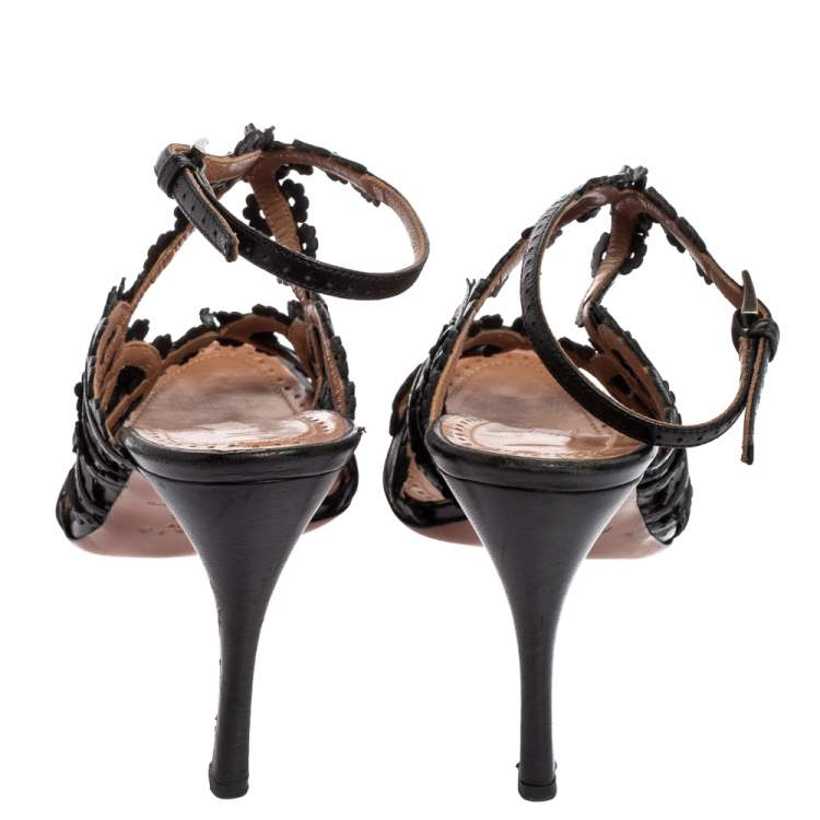 Pre Owned Alaia Black Leather Floral Cut-Out Ankle-Strap Sandals Size 38.5