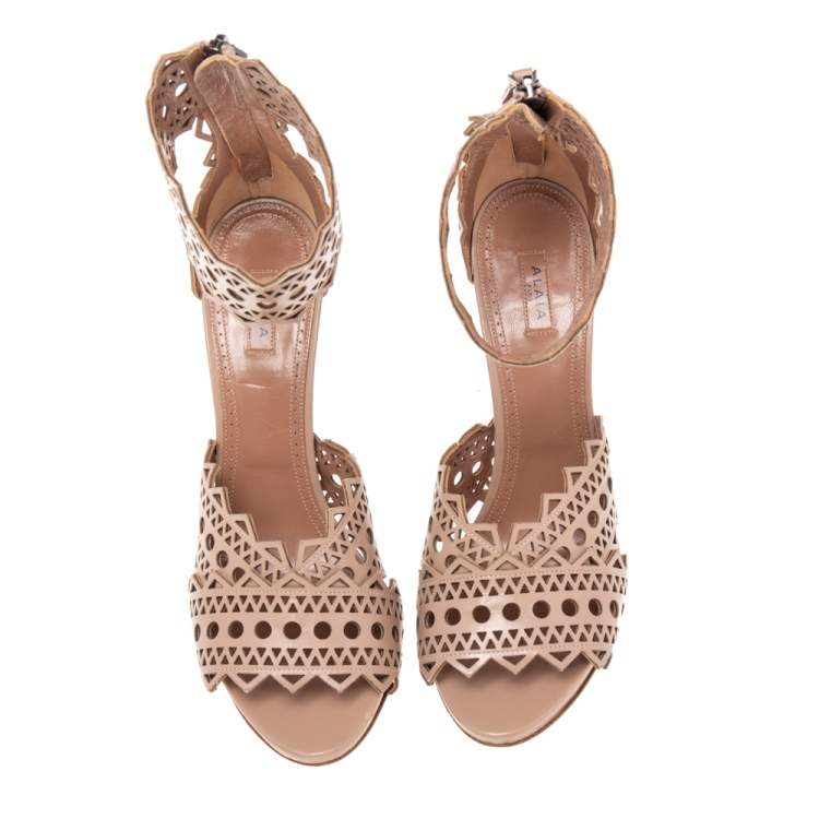 Pre Owned Alaia Beige Leather Laser Cut Eyelet Ankle Strap Sandals Size 40