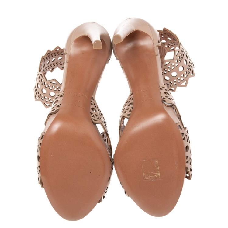 Pre Owned Alaia Beige Leather Laser Cut Eyelet Ankle Strap Sandals Size 40
