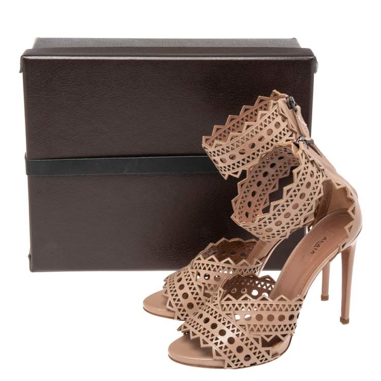 Pre Owned Alaia Beige Leather Laser Cut Eyelet Ankle Strap Sandals Size 40