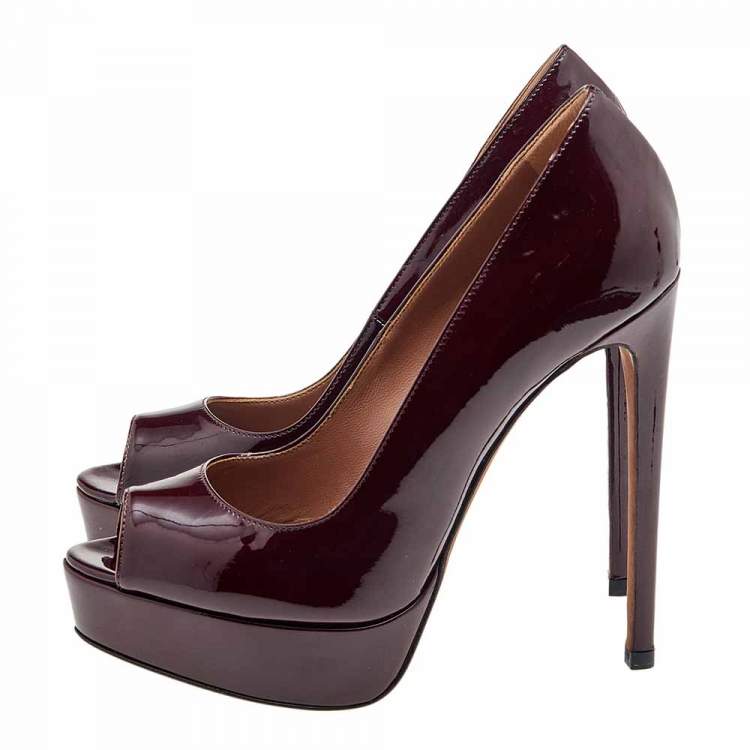 Pre Owned Alaia Burgundy Patent Leather Peep Toe Platform Pumps Size 36