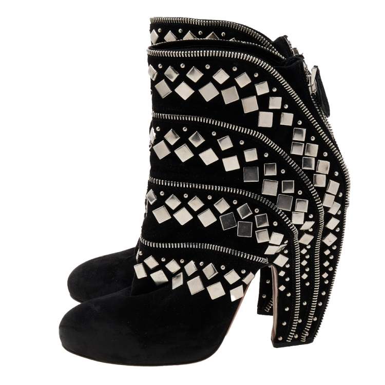 Pre Owned Alaia Black Suede Stud Embellished Block Heel Ankle Boots Size 39