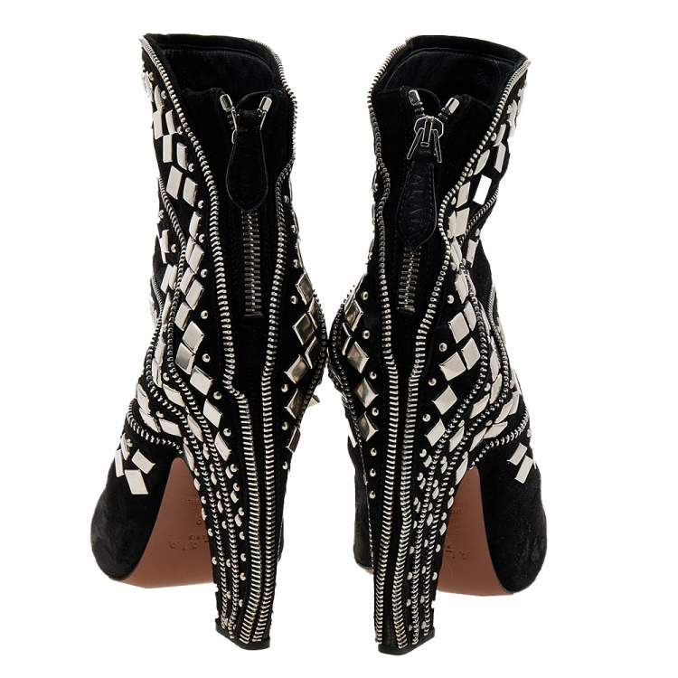 Pre Owned Alaia Black Suede Stud Embellished Block Heel Ankle Boots Size 39