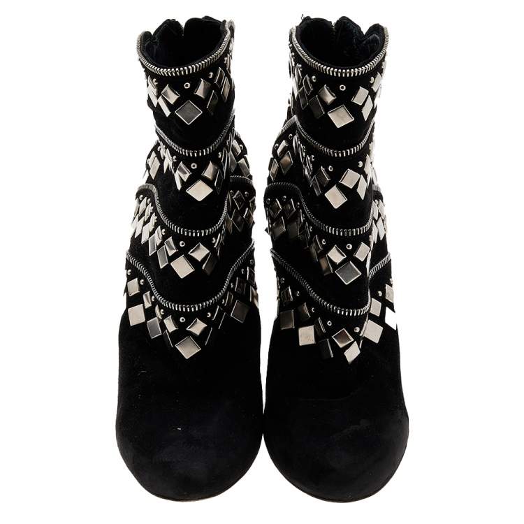Pre Owned Alaia Black Suede Stud Embellished Block Heel Ankle Boots Size 39