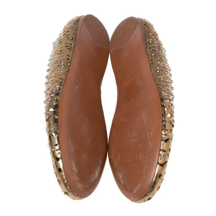 Pre Owned Alaia Gold Laser Cut Leather Embellished Ballet Flats Size 38