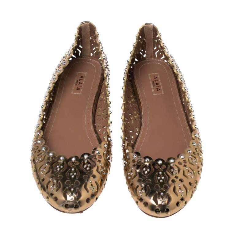Pre Owned Alaia Gold Laser Cut Leather Embellished Ballet Flats Size 38
