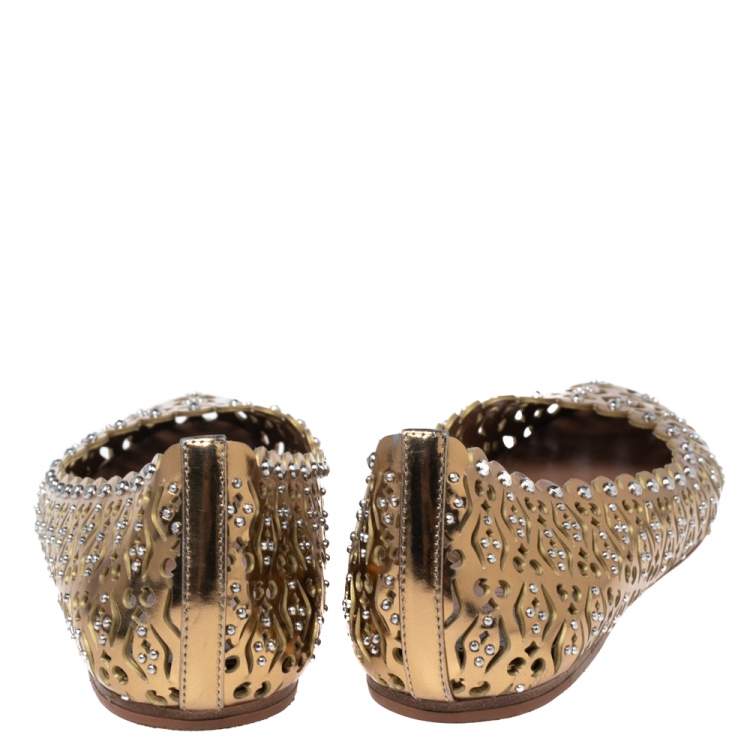 Pre Owned Alaia Gold Laser Cut Leather Embellished Ballet Flats Size 38