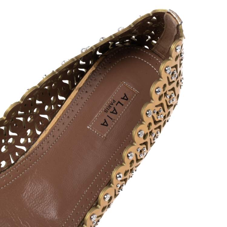 Pre Owned Alaia Gold Laser Cut Leather Embellished Ballet Flats Size 38