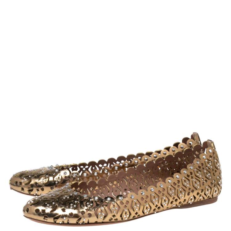 Pre Owned Alaia Gold Laser Cut Leather Embellished Ballet Flats Size 38