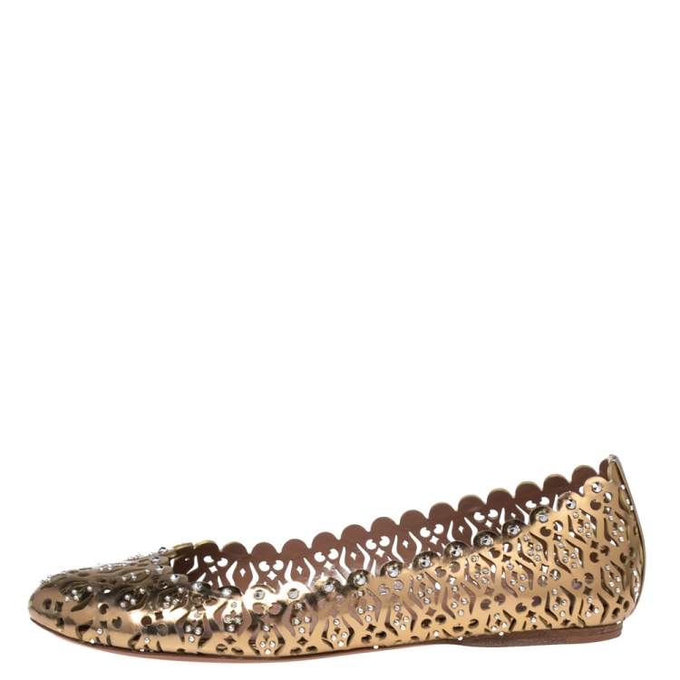 Pre Owned Alaia Gold Laser Cut Leather Embellished Ballet Flats Size 38