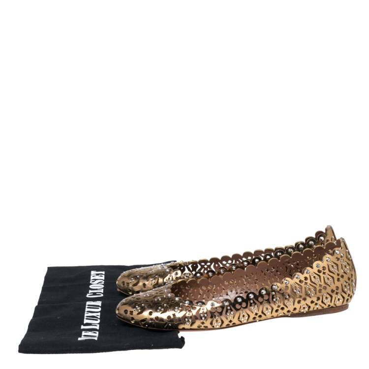 Pre Owned Alaia Gold Laser Cut Leather Embellished Ballet Flats Size 38