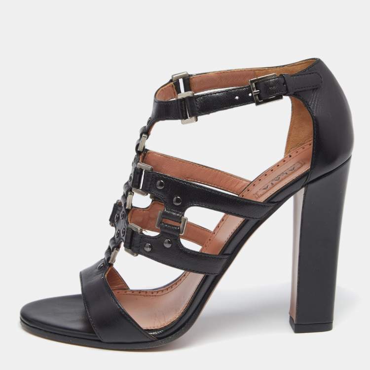 Pre Owned Alaia Black Leather Studded Accents T-Strap Sandals Size 39.5