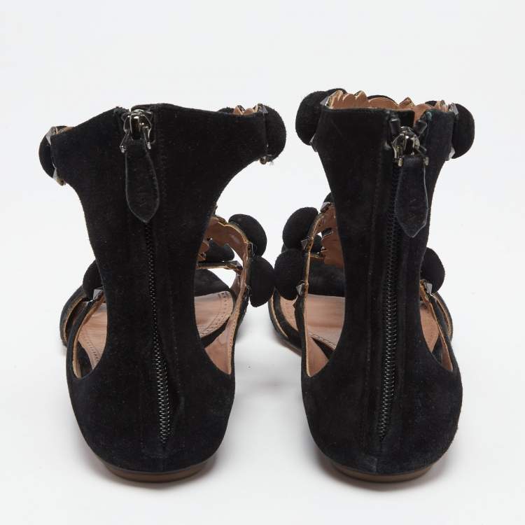 Pre Owned Alaia Black Suede Bombe Studded Ankle Strap Flat Sandals Size 38