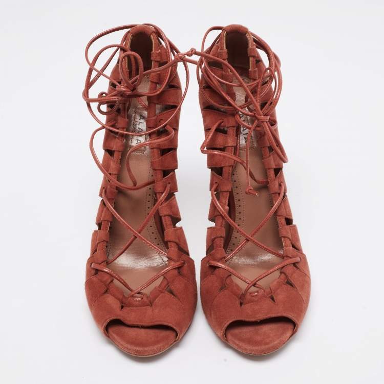 Pre Owned Alaia Brick Brown Suede Cut-Out Peep-Toe Ankle-Tie Sandals Size 39