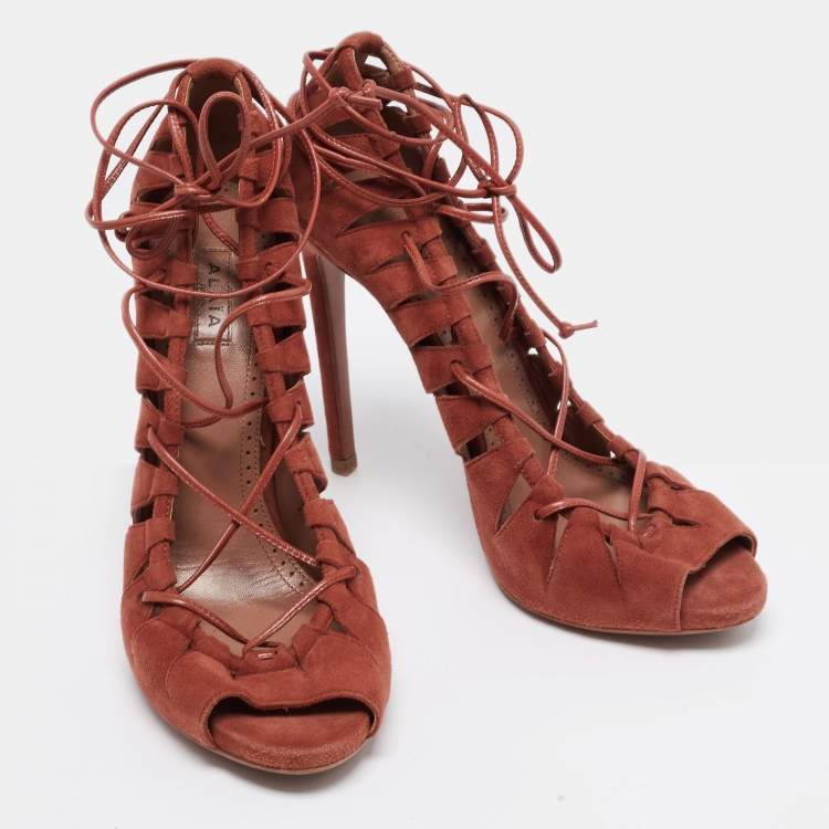 Pre Owned Alaia Brick Brown Suede Cut-Out Peep-Toe Ankle-Tie Sandals Size 39