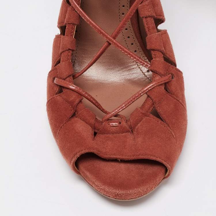 Pre Owned Alaia Brick Brown Suede Cut-Out Peep-Toe Ankle-Tie Sandals Size 39