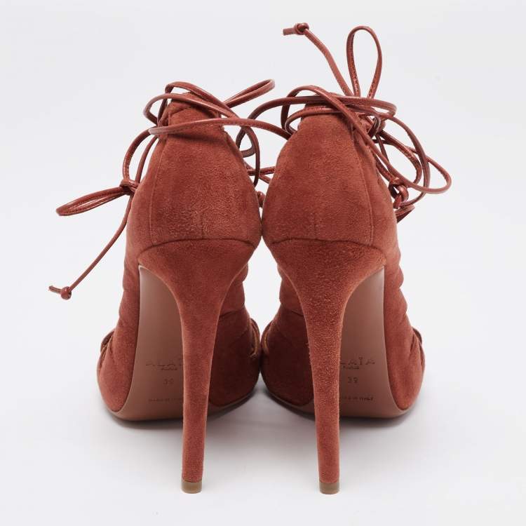 Pre Owned Alaia Brick Brown Suede Cut-Out Peep-Toe Ankle-Tie Sandals Size 39