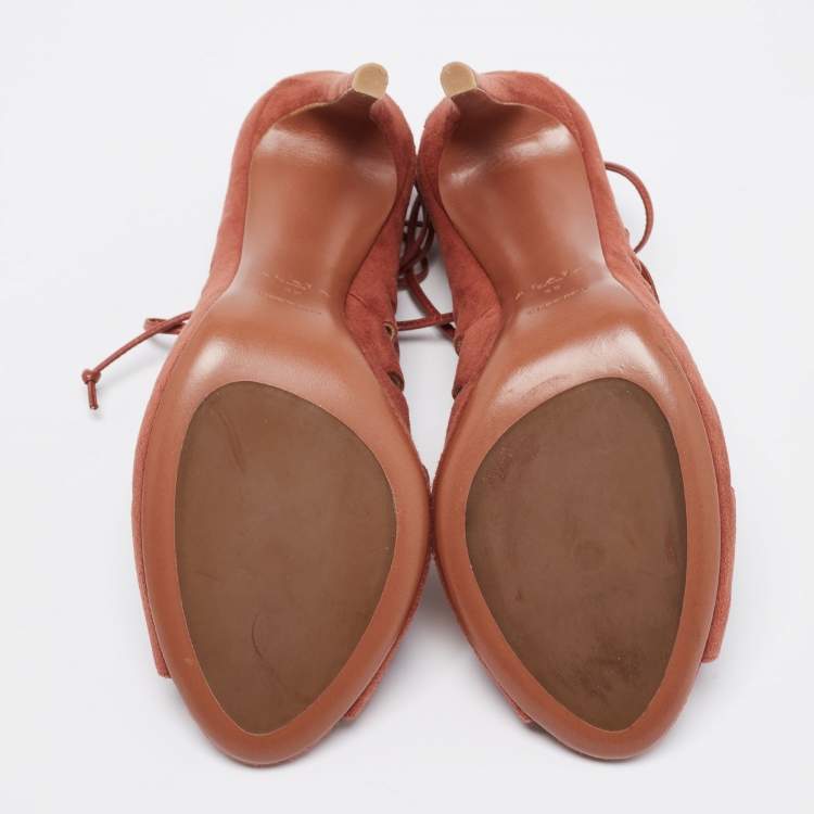 Pre Owned Alaia Brick Brown Suede Cut-Out Peep-Toe Ankle-Tie Sandals Size 39