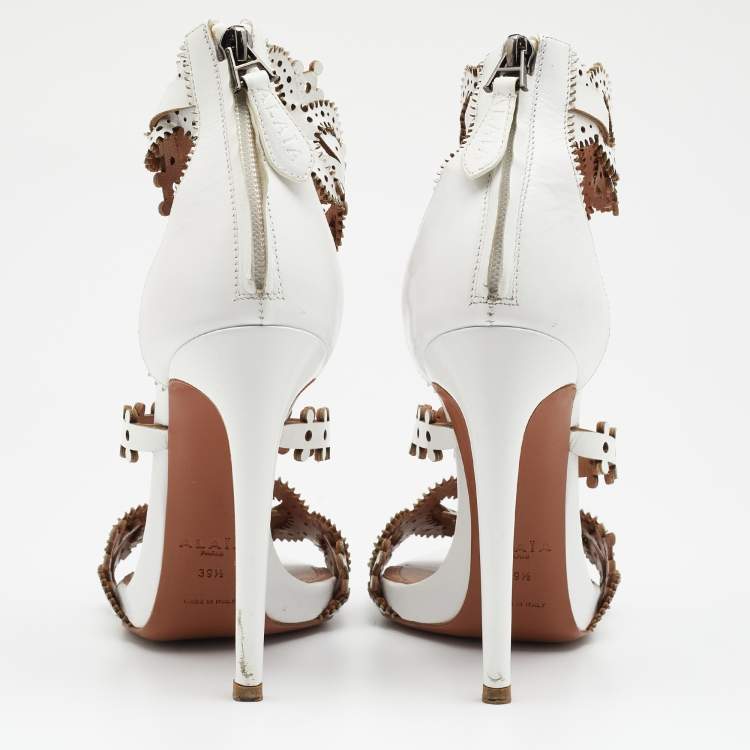 Pre Owned Alaia White Leather Laser Cut Ankle Strap Sandals Size 39.5
