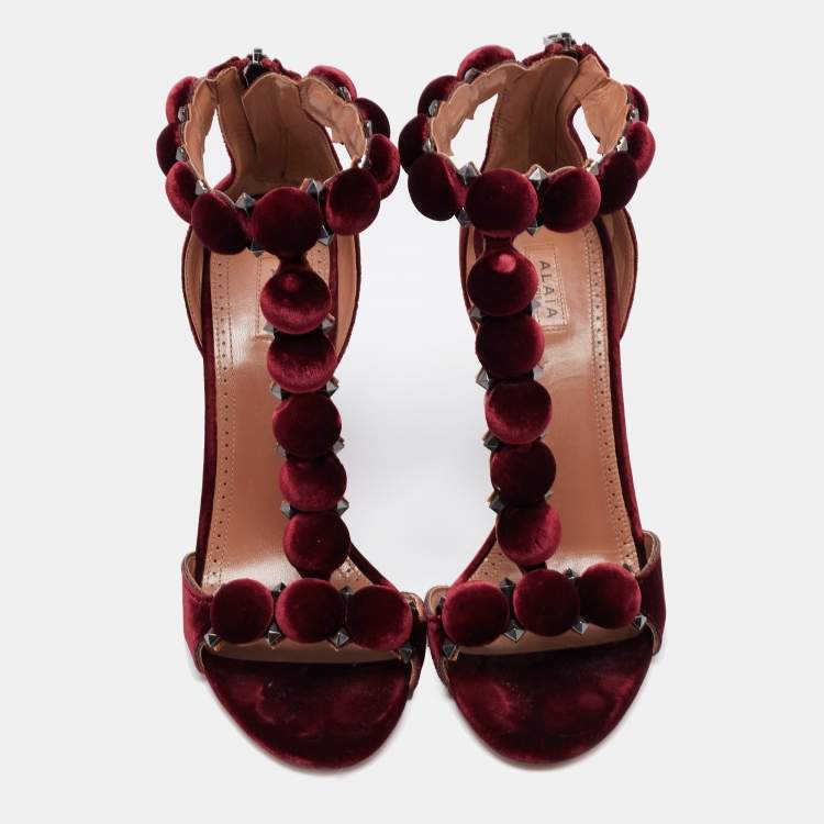 Pre Owned Alaia Burgundy Velvet Bombe Ankle Strap Sandals Size 40