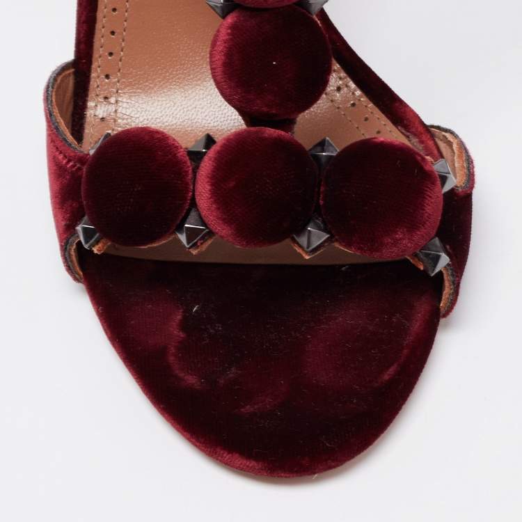 Pre Owned Alaia Burgundy Velvet Bombe Ankle Strap Sandals Size 40