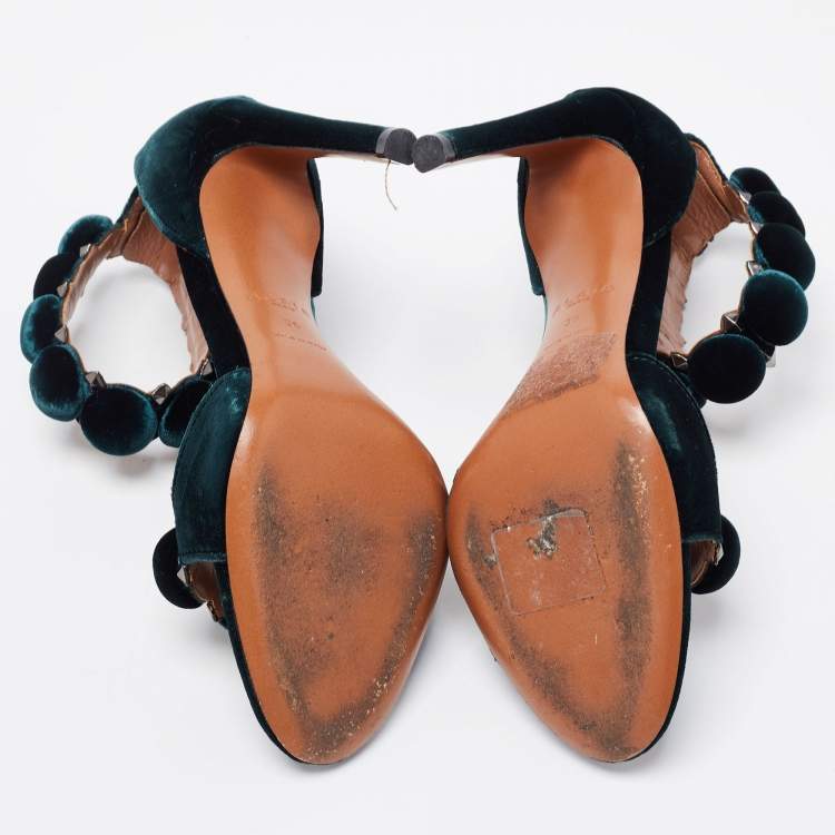 Pre Owned Alaia Green Velvet Bombe Ankle Strap Sandals Size 36