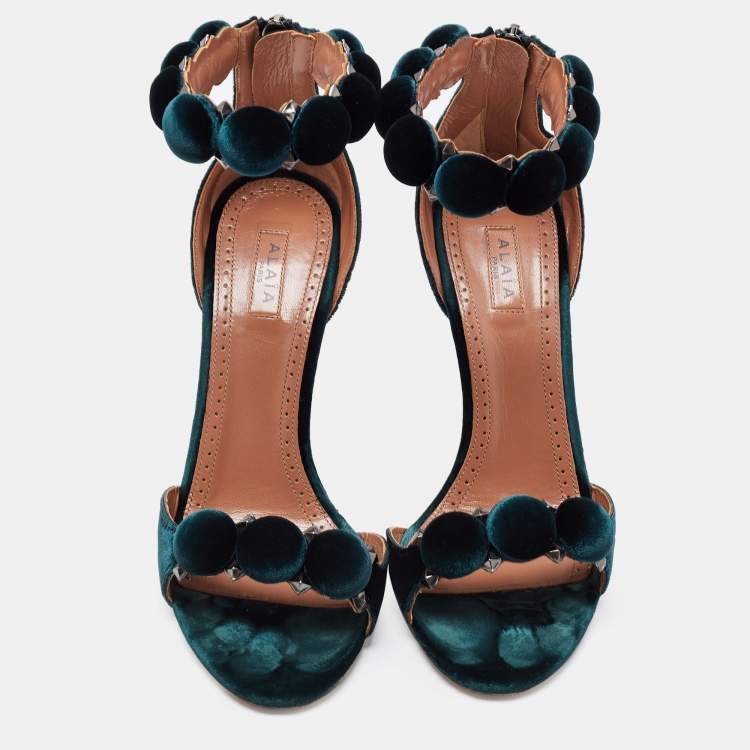 Pre Owned Alaia Green Velvet Bombe Ankle Strap Sandals Size 36