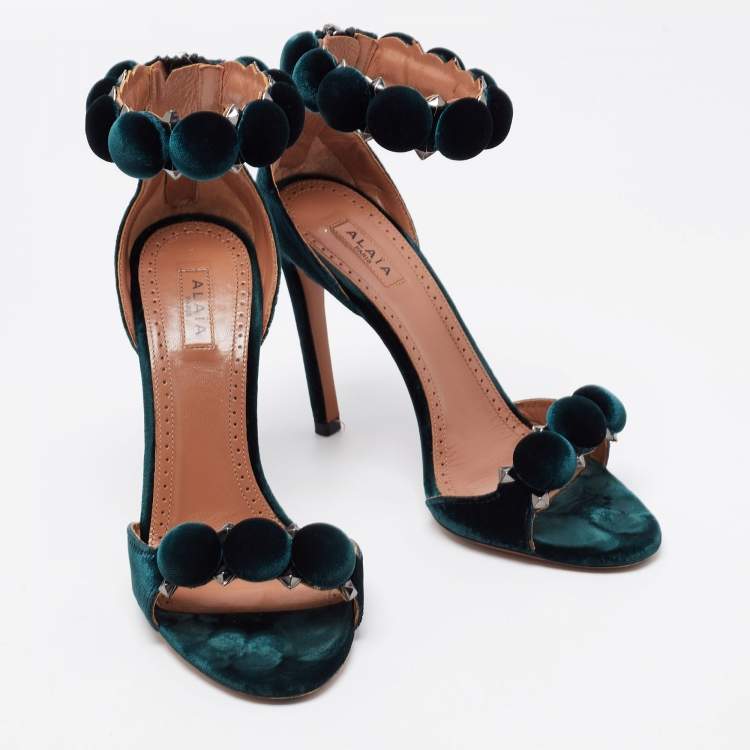 Pre Owned Alaia Green Velvet Bombe Ankle Strap Sandals Size 36