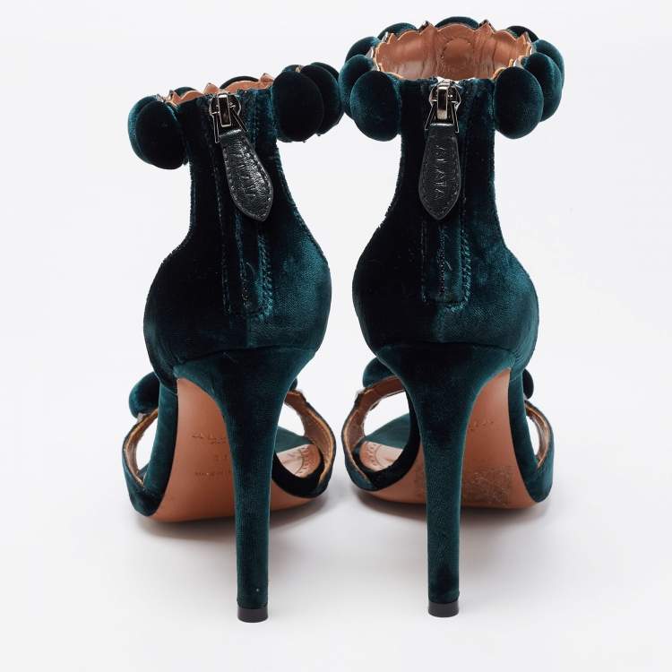Pre Owned Alaia Green Velvet Bombe Ankle Strap Sandals Size 36
