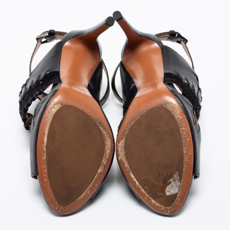 Pre Owned AlaÏa Black Leather, Suede and Lizard Embossed Cut Out Ankle-Strap Sandals Size 41