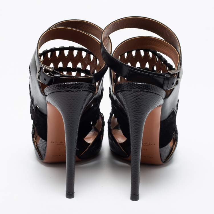 Pre Owned AlaÏa Black Leather, Suede and Lizard Embossed Cut Out Ankle-Strap Sandals Size 41