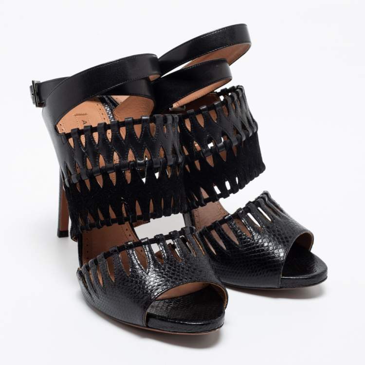 Pre Owned AlaÏa Black Leather, Suede and Lizard Embossed Cut Out Ankle-Strap Sandals Size 41