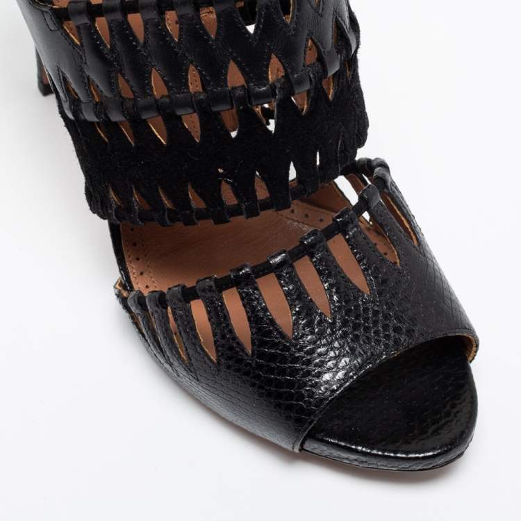 Pre Owned AlaÏa Black Leather, Suede and Lizard Embossed Cut Out Ankle-Strap Sandals Size 41