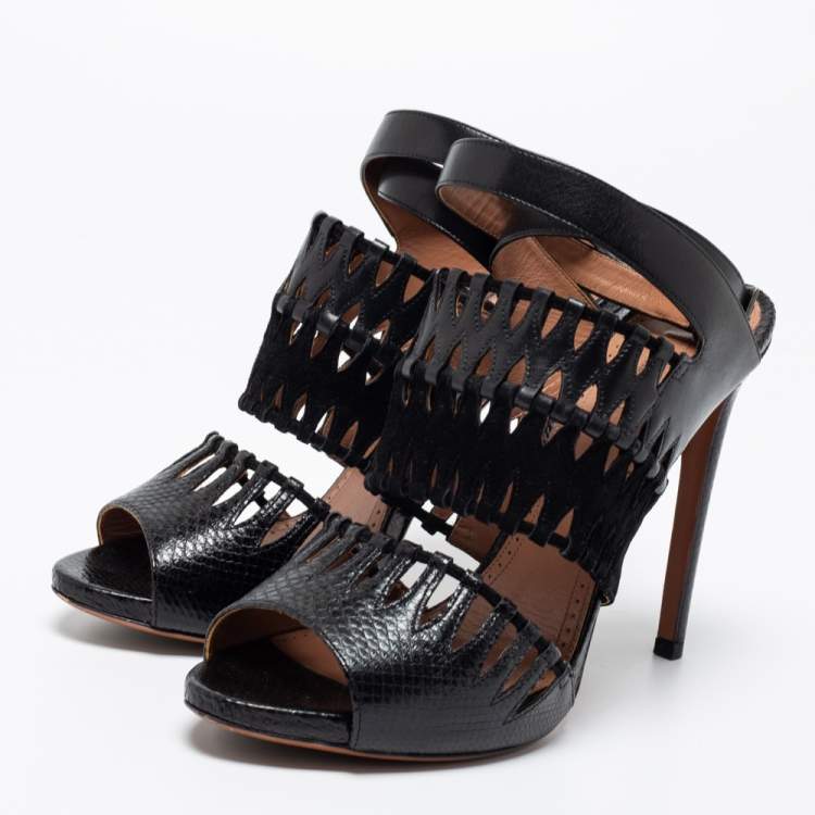 Pre Owned AlaÏa Black Leather, Suede and Lizard Embossed Cut Out Ankle-Strap Sandals Size 41