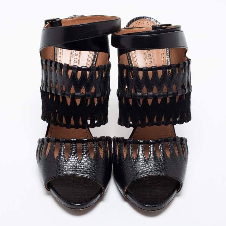 Pre Owned AlaÏa Black Leather, Suede and Lizard Embossed Cut Out Ankle-Strap Sandals Size 41