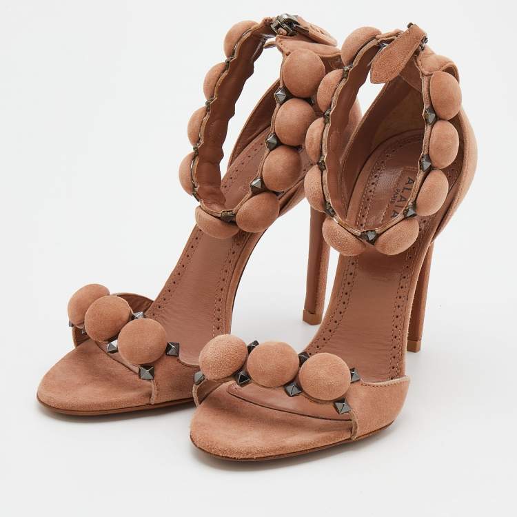 Pre Owned Alaia Beige Suede Bombe Ankle Strap Sandals Size 36
