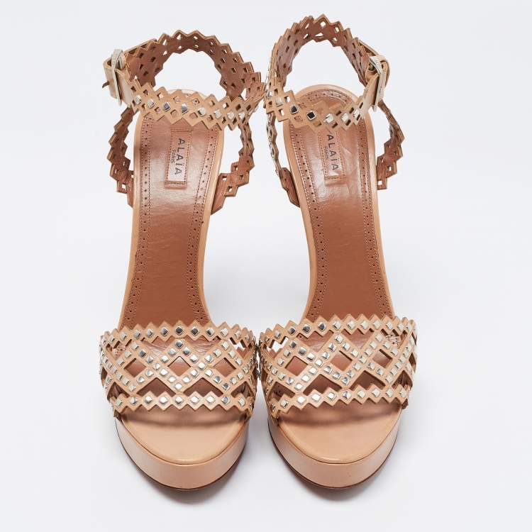 Pre Owned Alaia Beige Leather Laser Cut Eyelet Studded Platform Ankle-Strap Sandals Size 41