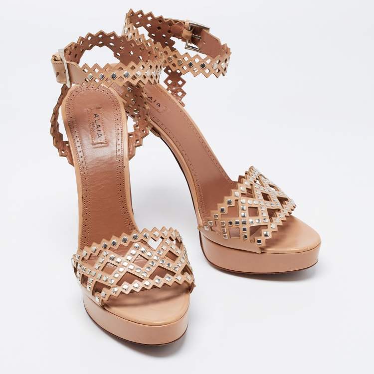 Pre Owned Alaia Beige Leather Laser Cut Eyelet Studded Platform Ankle-Strap Sandals Size 41
