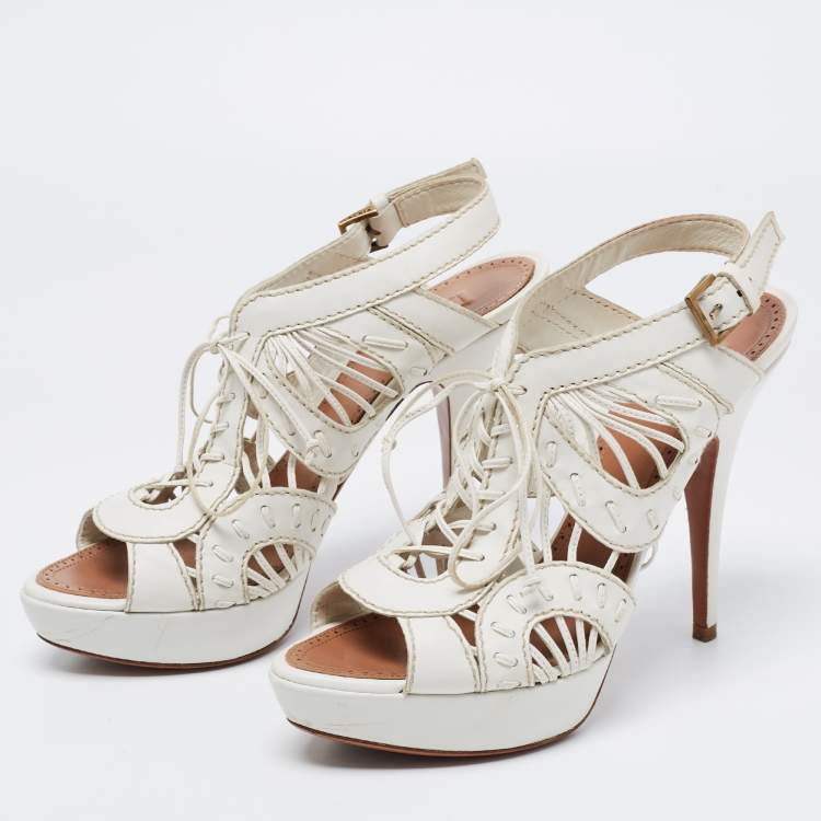 Pre Owned Alaia White Leather Lace Up Platform Sandals Size 39.5