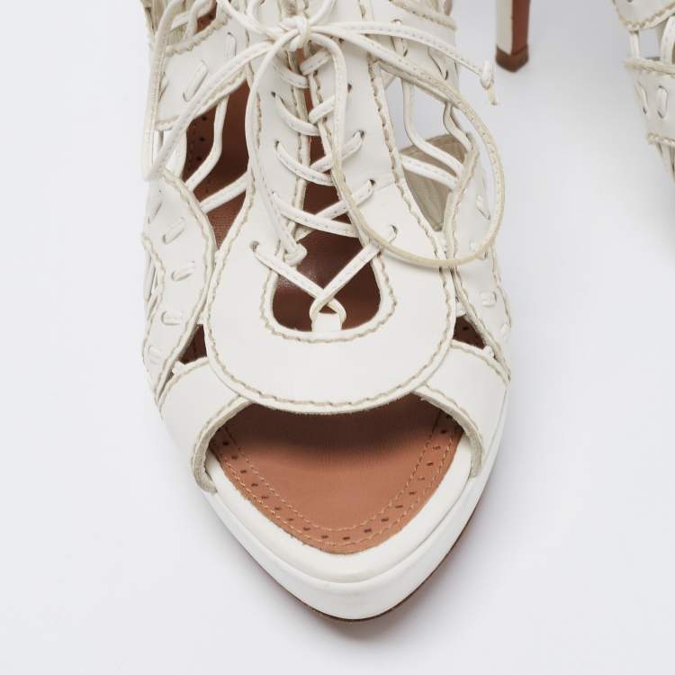 Pre Owned Alaia White Leather Lace Up Platform Sandals Size 39.5