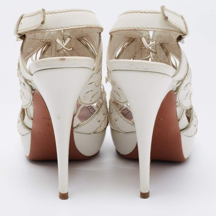 Pre Owned Alaia White Leather Lace Up Platform Sandals Size 39.5