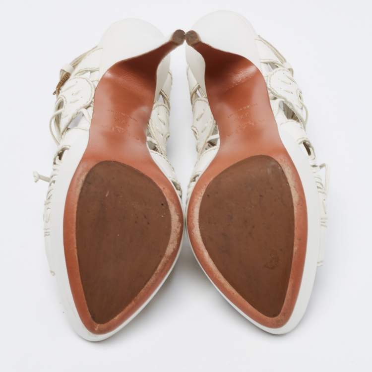Pre Owned Alaia White Leather Lace Up Platform Sandals Size 39.5