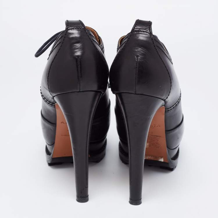 Pre Owned Alaia Black Leather Lace-Up Platform Booties Size 40