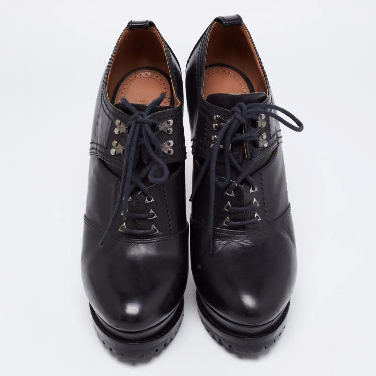 Pre Owned Alaia Black Leather Lace-Up Platform Booties Size 40