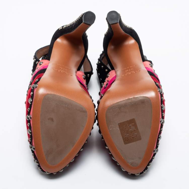 Pre Owned Alaia Multicolor Suede Studded Peep-Toe Platform Ankle-Strap Sandals Size 37.5