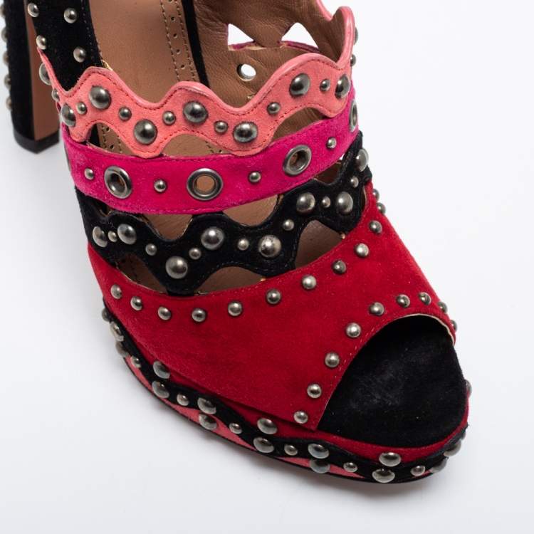Pre Owned Alaia Multicolor Suede Studded Peep-Toe Platform Ankle-Strap Sandals Size 37.5