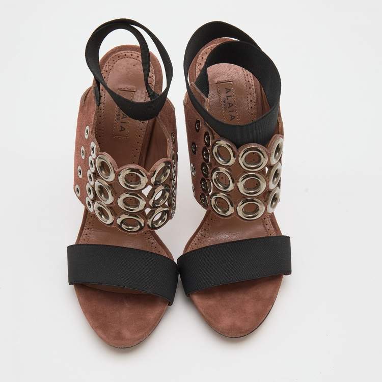 Pre Owned Alaia Brown Suede Eyelet Ankle Wrap Sandals Size 38.5