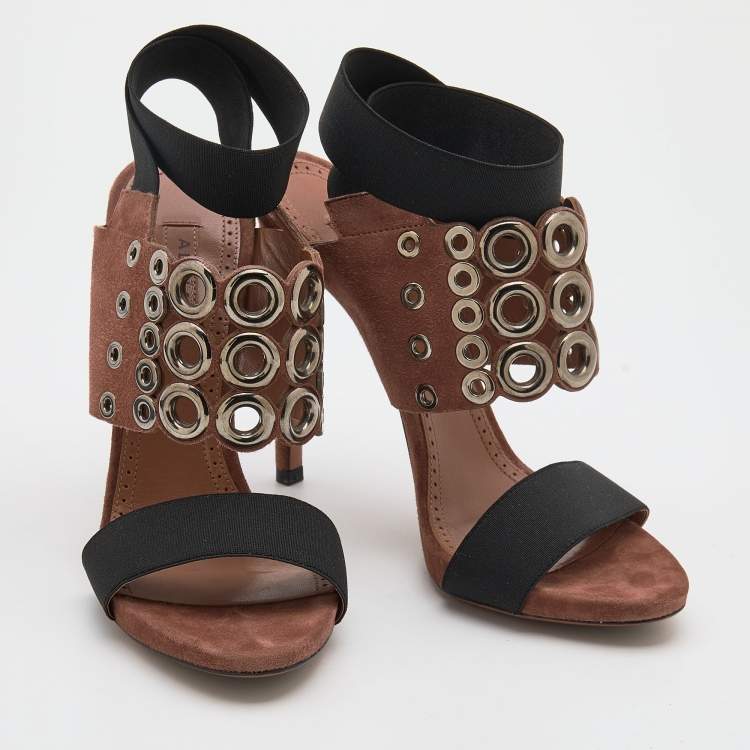 Pre Owned Alaia Brown Suede Eyelet Ankle Wrap Sandals Size 38.5